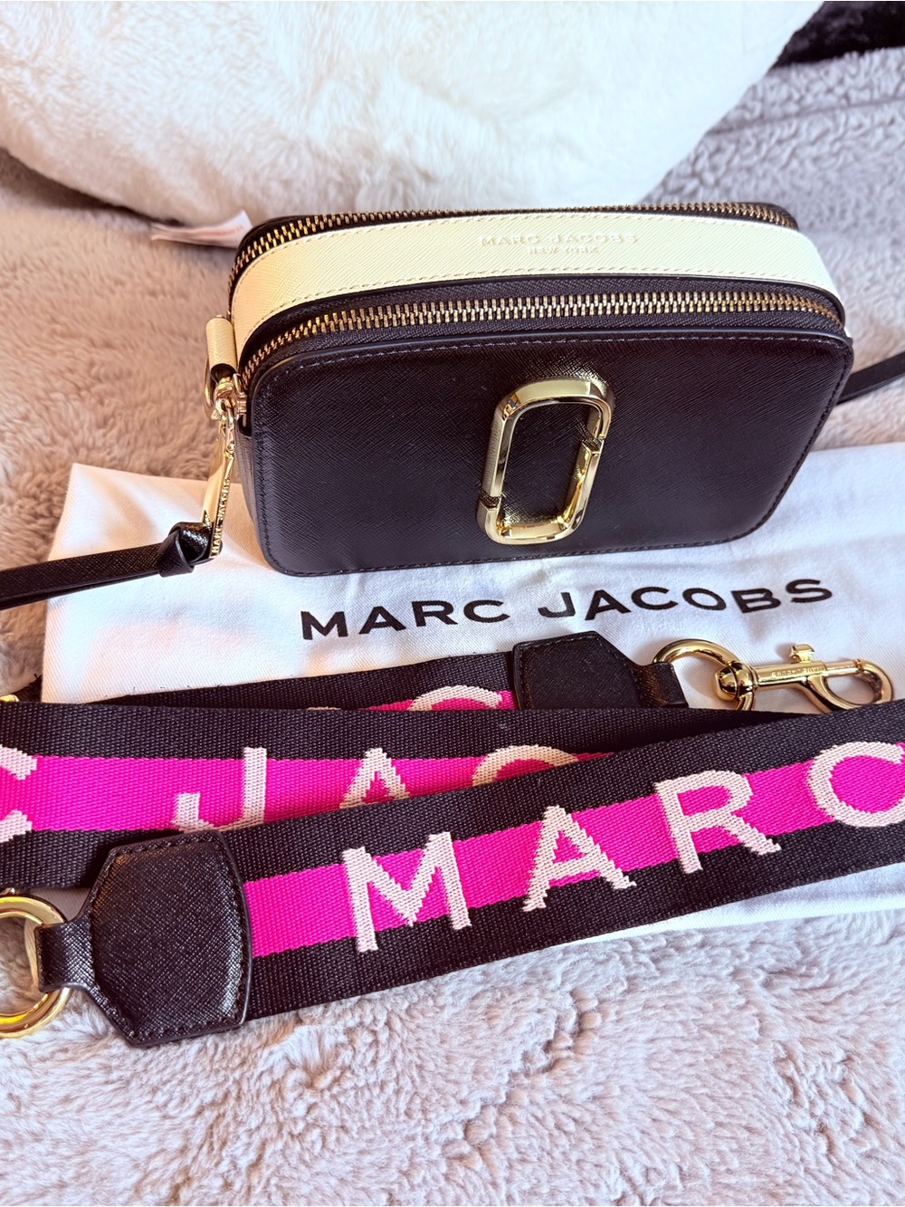 Marc Jacobs Black and Cream Compact Crossbody with Pink Logo Strap